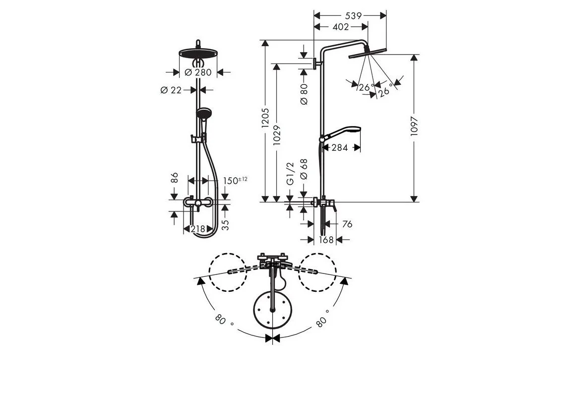 Приобрести 26791000 croma select 280 air 1jet showerpipe с однорычажным смесителем