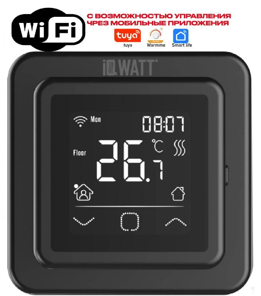 Приобрести iqwatt программируемый терморегулятор smart heat wi-fi black с сенсорным дисплеем