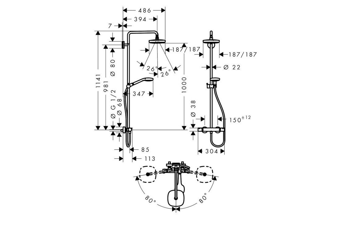 Приобрести душевая система hansgrohe croma select e 180 2jet showerpipe 27256400