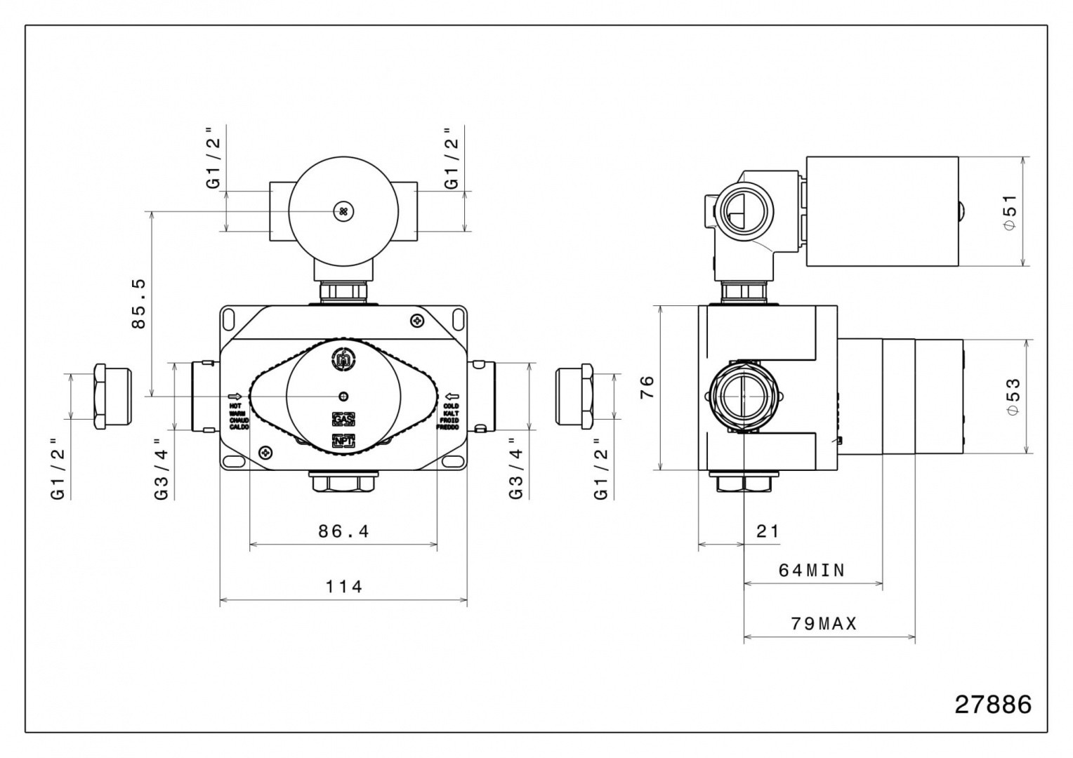 Приобрести kerama marazzi внутренняя часть для настенного смесителя на два потока с термостатом, 27886km.00.000