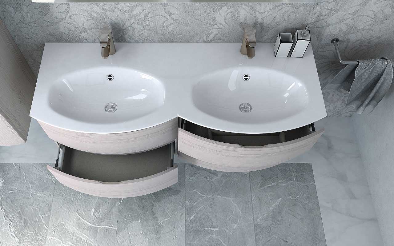 Приобрести cezares тумба подвесная с раковиной на две чаши vague 138 см rovere sbiancato, серая 54847