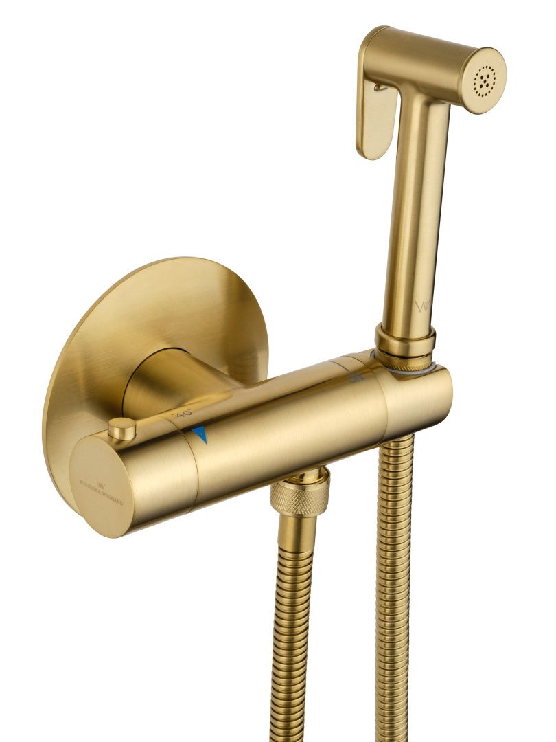 Приобрести смеситель с гигиеническим душем и термостатом встраиваемый wonzon & woghand, брашированное золото (ww-88819902-bg)
