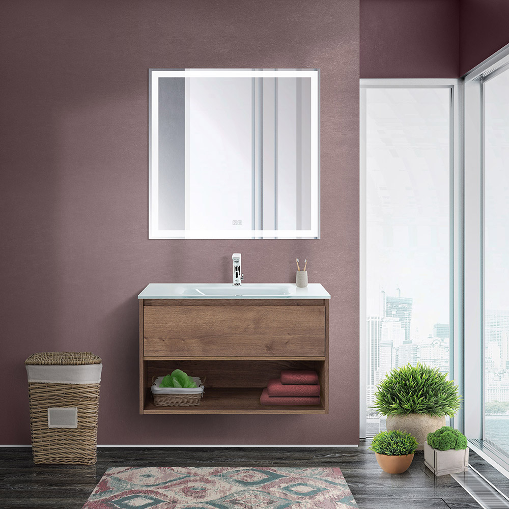Приобрести belbagno тумба c раковиной kraft 80 см, с одним ящиком и полкой, подвесная rovere tabacco, стеклянная раковина