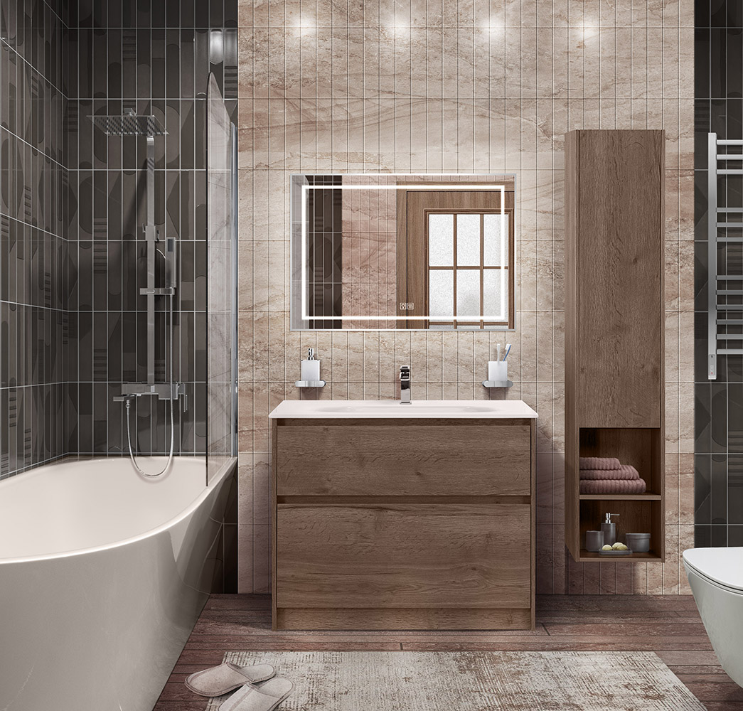 Приобрести belbagno тумба с раковиной kraft 100 см, напольнаяная rovere tabacco, стеклянная матовая раковина