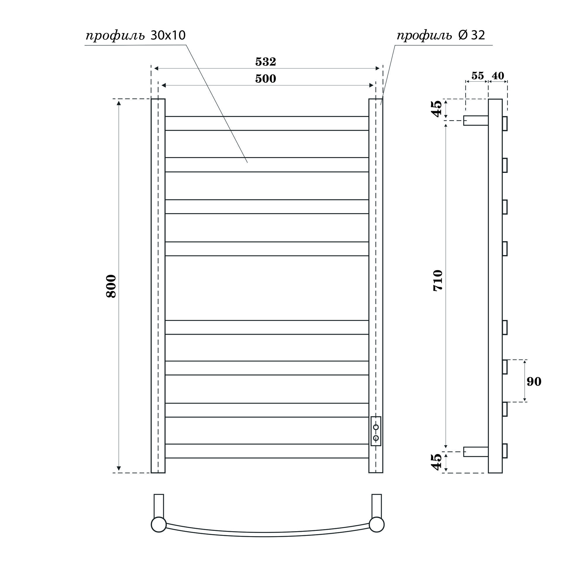 Приобрести point электрический полотенцесушитель антея п8 500x800, диммер справа, черный pn17858b
