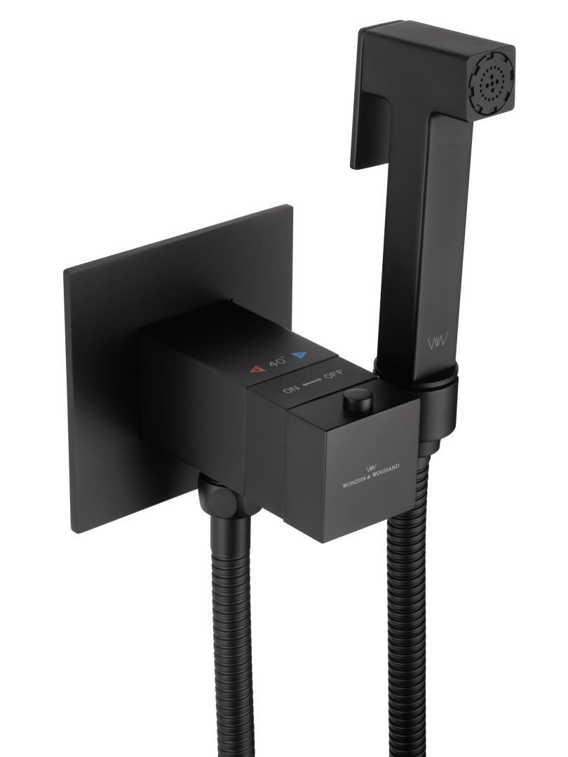 Приобрести смеситель с гигиеническим душем и термостатом встраиваемый wonzon & woghand, черный матовый (ww-88829910-mb)