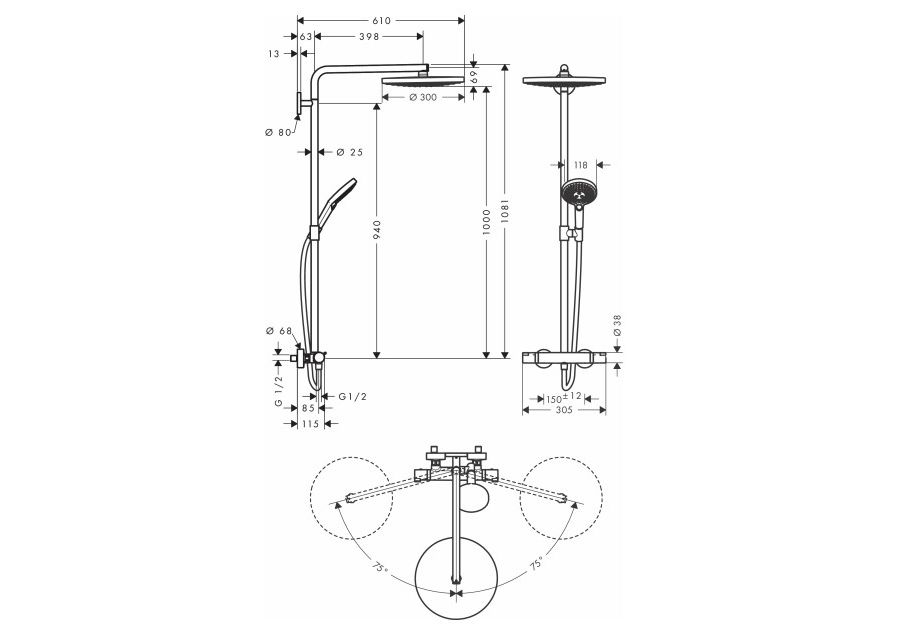Приобрести душевая система с термостатом hansgrohe raindance select s 300 2jet showerpipe 27133000