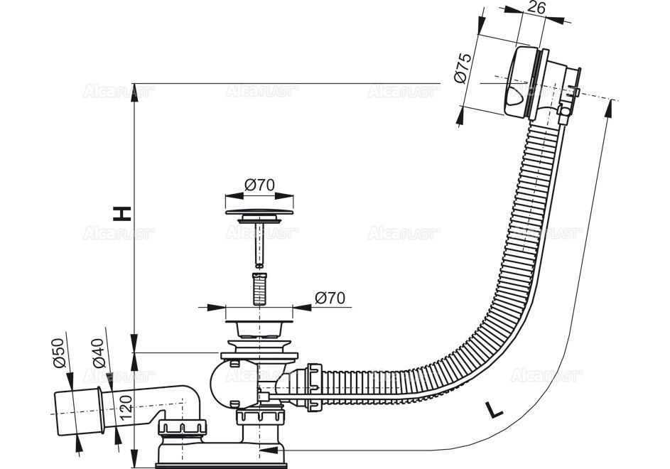 Приобрести сифон для ванны alcaplast a51bm, пластик 