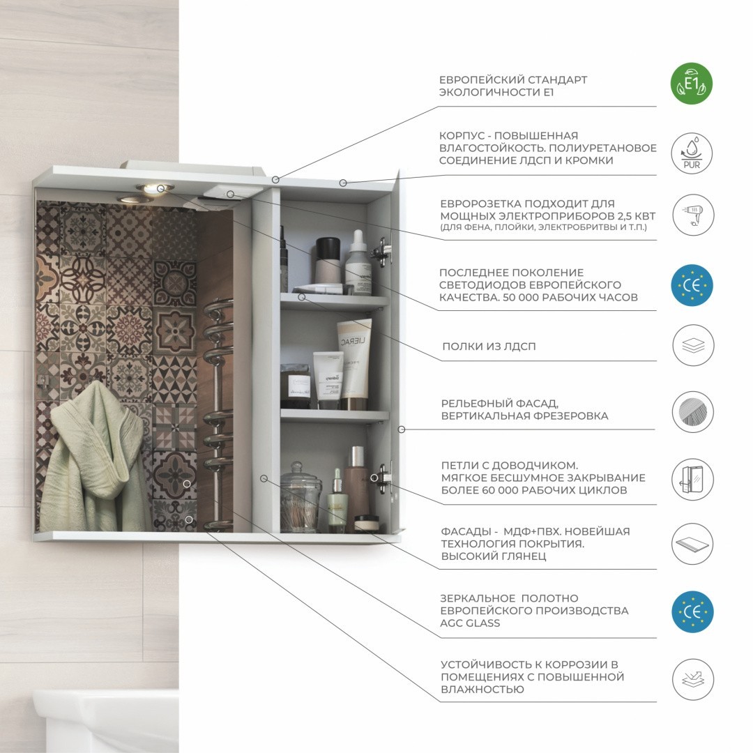 Приобрести vigo зеркало-шкаф diana 70 см, со спотом, правое, белое z.dia.70.r.el