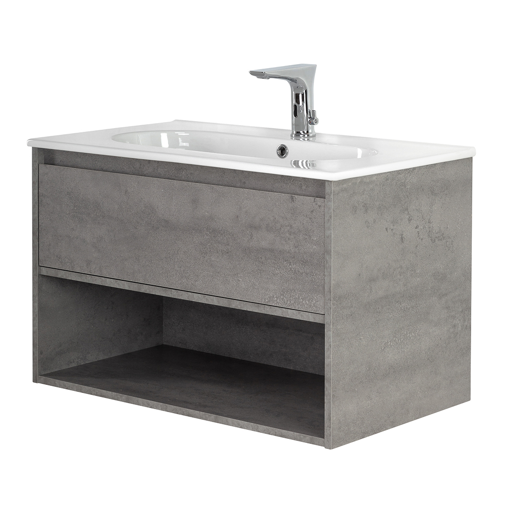 Приобрести belbagno тумба c раковиной kraft 80 см, с одним ящиком и полкой, подвесная cemento grigio, белая раковина