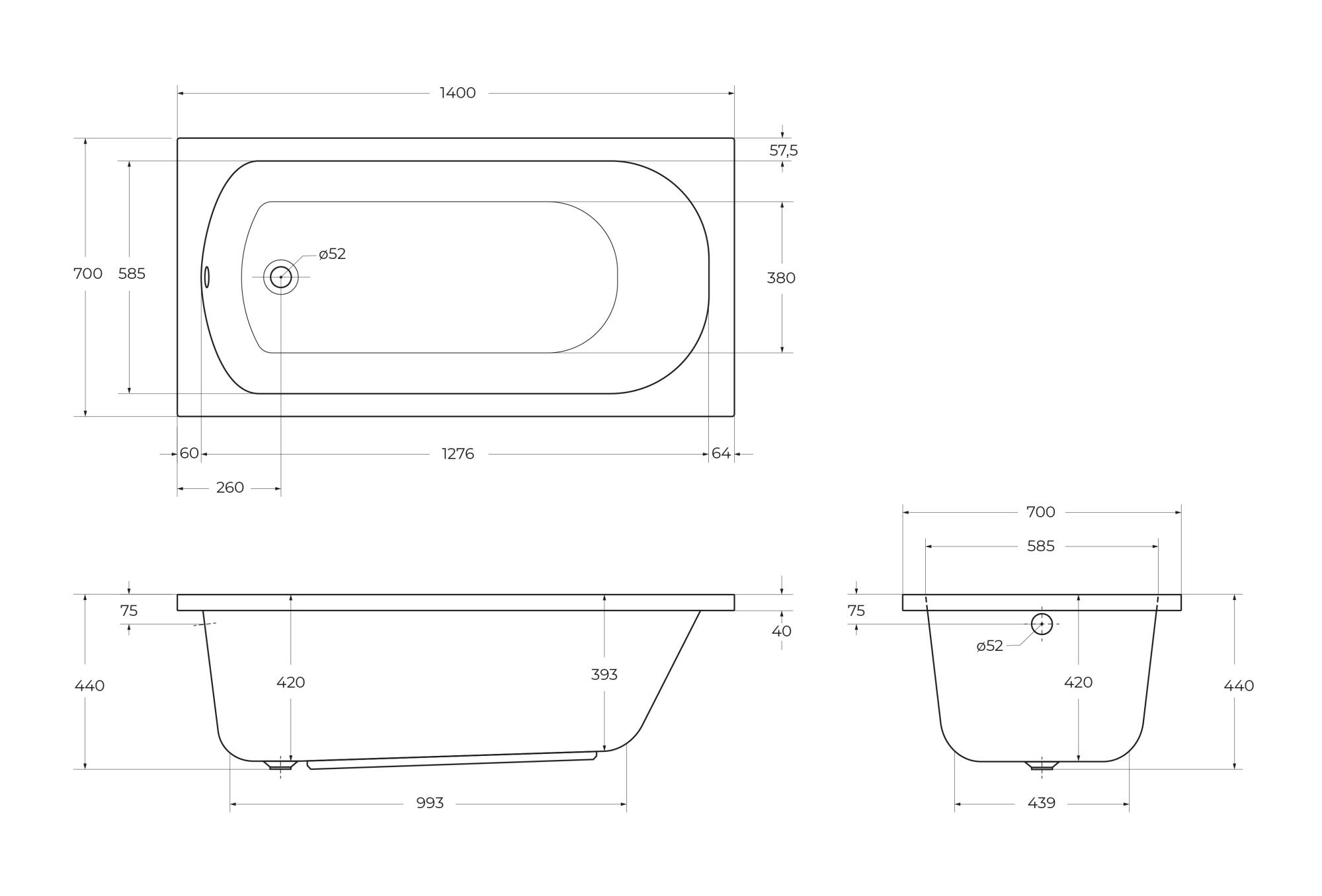Приобрести cezares акриловая ванна eco 140х70 см, белая eco-140-70-40-w37