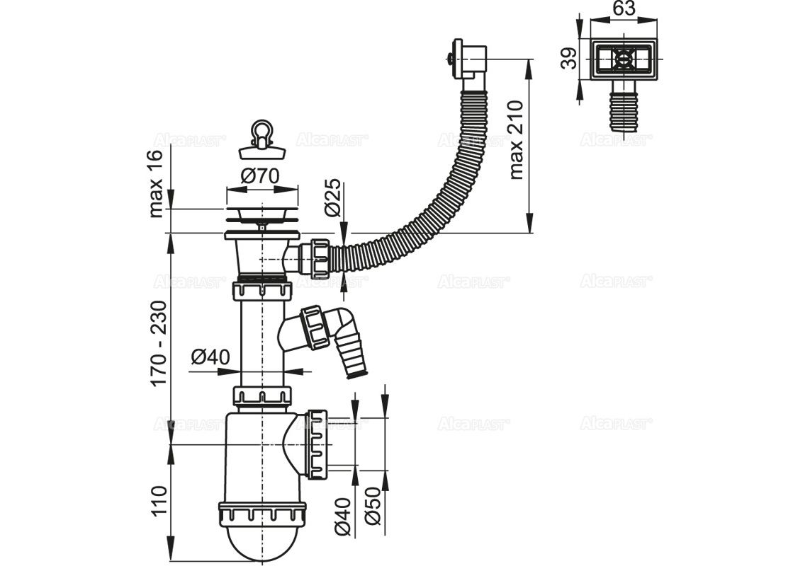 Приобрести сифон для мойки alcaplast a444p-dn50/40
