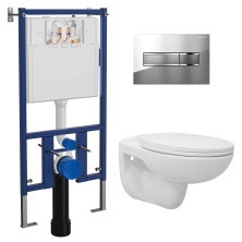 LORANTO Инсталляция с кнопкой Line хром глянец + Подвесной безободковый унитаз Fredo с сиденьем микролифт (soft close) полипропилен