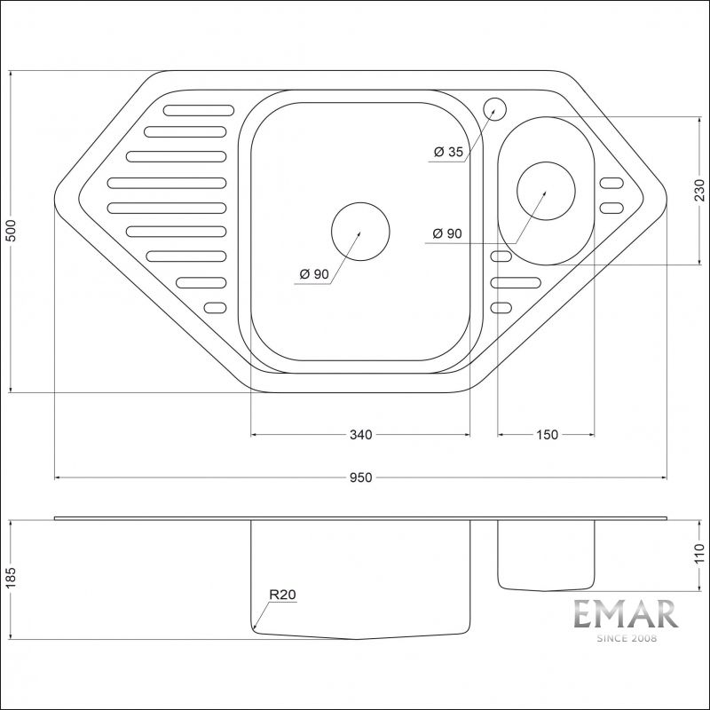 Приобрести emar кухонная мойка 95х50 см, хром emar 9550с