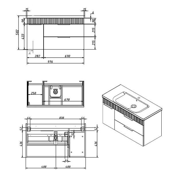 Приобрести caprigo тумба с раковиной monbar 100 см, левая, графит