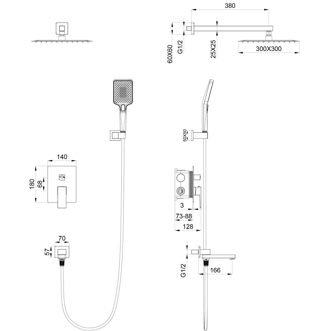 Приобрести душевая система встраиваемая wonzon & woghand cube 2.0, темный графит (ww-88939068-bgm)