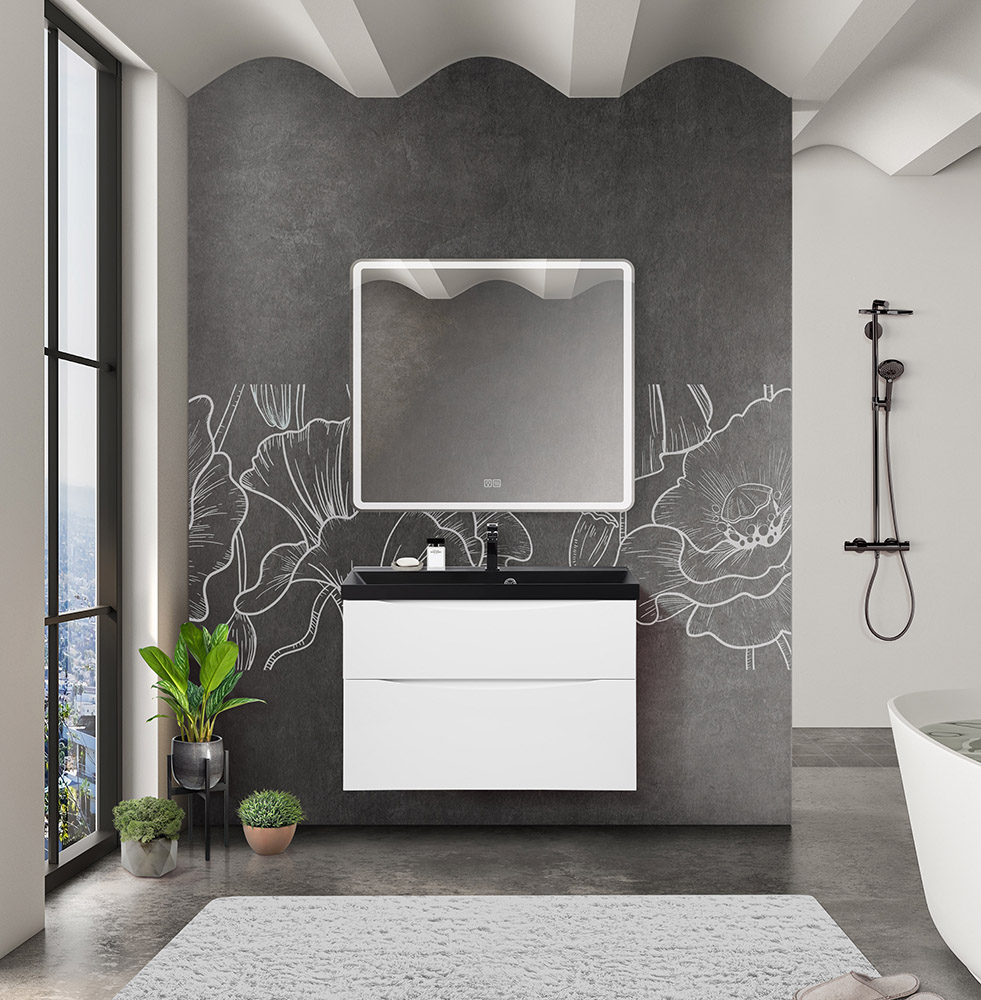 Приобрести belbagno тумба с раковиной marino-h60 90 см, подвесная bianco lucido, черная раковина