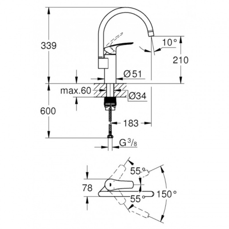Приобрести смеситель для кухни grohe eurosmart с высоким изливом, хром 33202003
