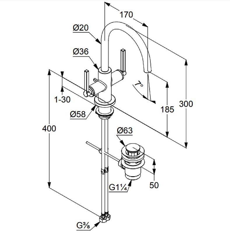 Приобрести kludi смеситель для раковины nova fonte puristic c донным клапаном, высокий 300мм, хром 201180515