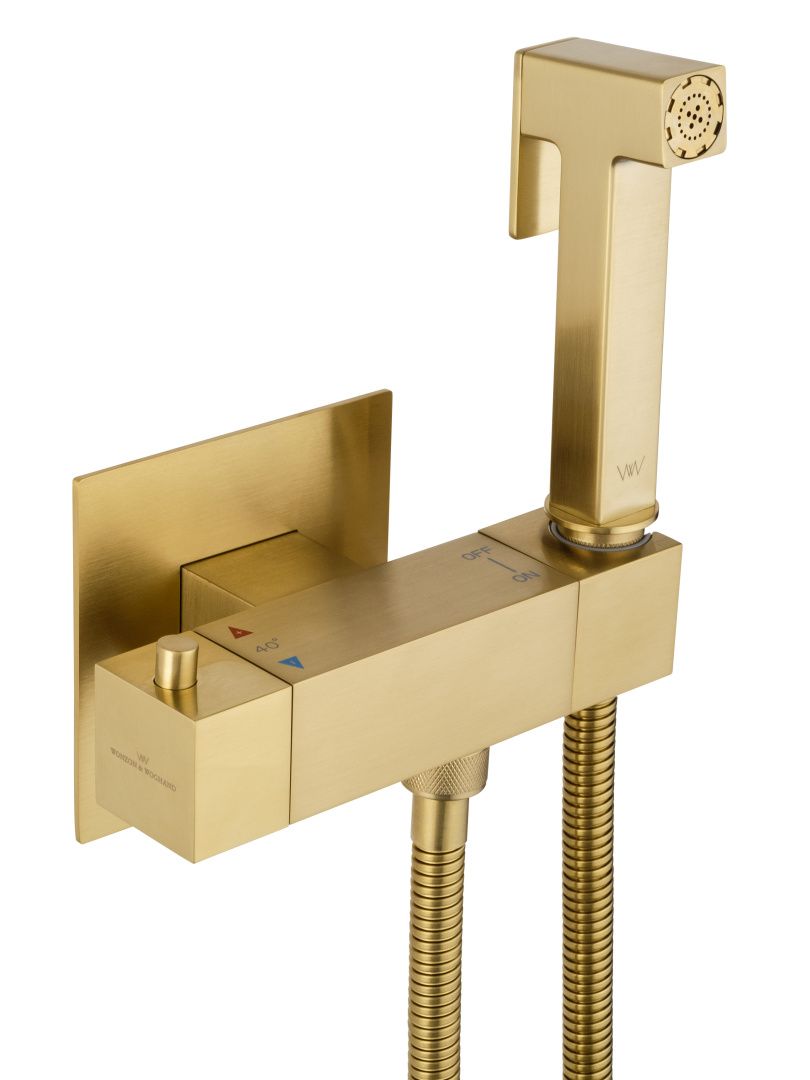 Приобрести смеситель с гигиеническим душем и термостатом встраиваемый wonzon & woghand, брашированное золото (ww-88819903-bg)