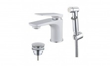 LEMARK Смеситель для раковины Allegro с гигиеническим душем и донным клапаном, белый\хром LM5916CW