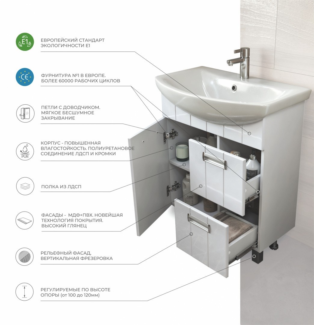 Приобрести vigo тумба с раковиной diana 70см, 1 дверца, 2 ящика, напольная, белая tn.dia.bal.70.1d.2y