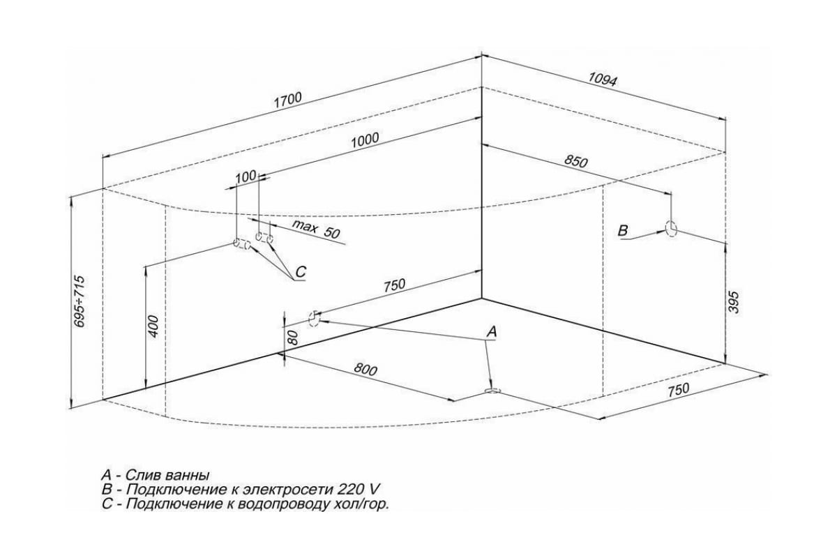 Приобрести aquanet акриловая ванна capri 170x110 см, белая, правая