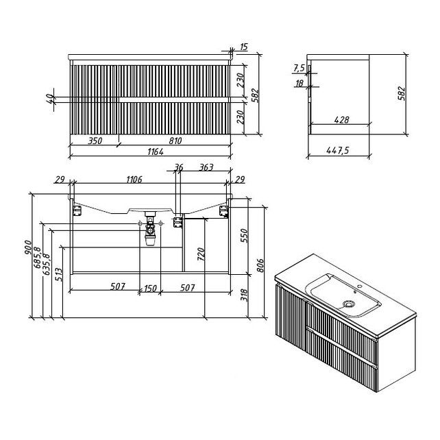 Приобрести caprigo тумба с раковиной forte stripe 120 см, левая, айрон