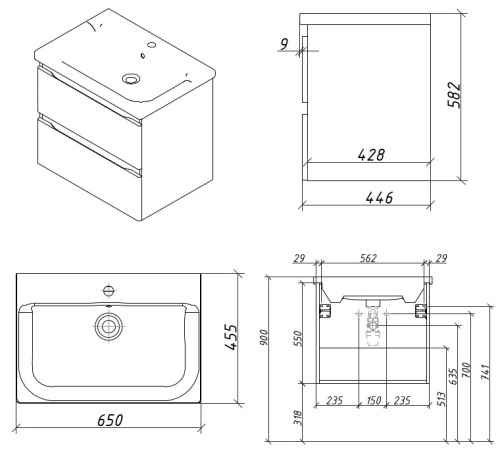 Приобрести caprigo тумба с раковиной подвесная forte 65 см, темно серая 36110-sf025и