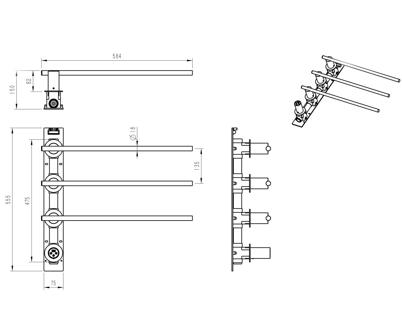 Приобрести полотенцесушитель электрический встраиваемый wonzon & woghand dortmund, черный матовый (ww-a363-mb)