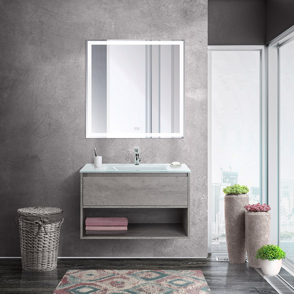 Приобрести belbagno тумба c раковиной kraft 80 см, с одним ящиком и полкой, подвесная cemento grigio, стеклянная раковина