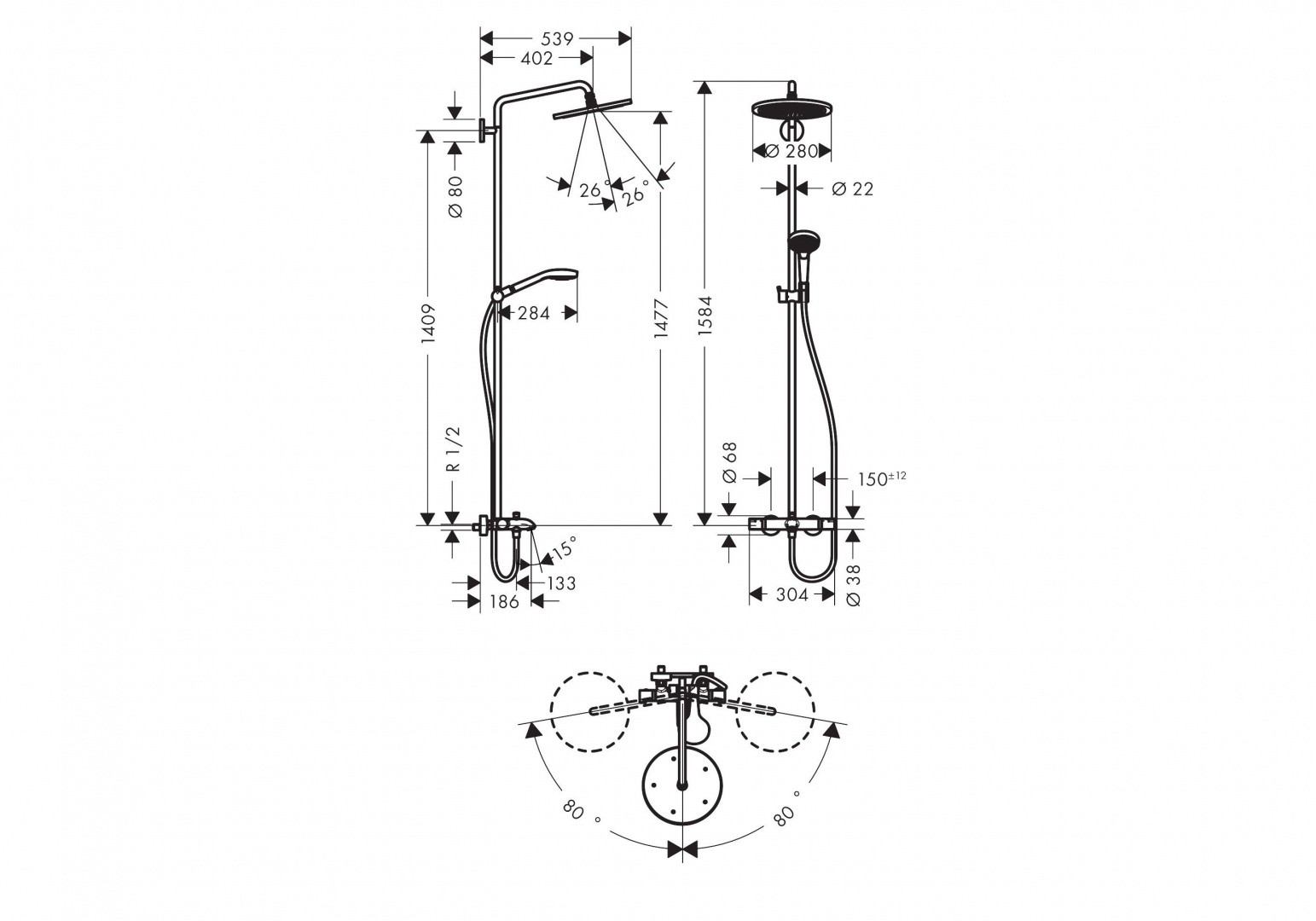 Приобрести душевая система с термостатом hansgrohe croma select 280 air 1jet showerpipe 26792000