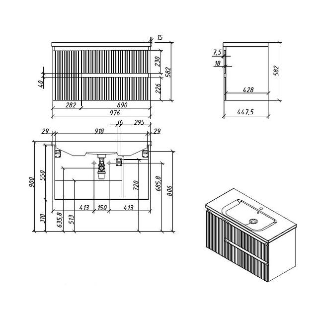 Приобрести caprigo тумба с раковиной forte stripe 100 см, левая, графит