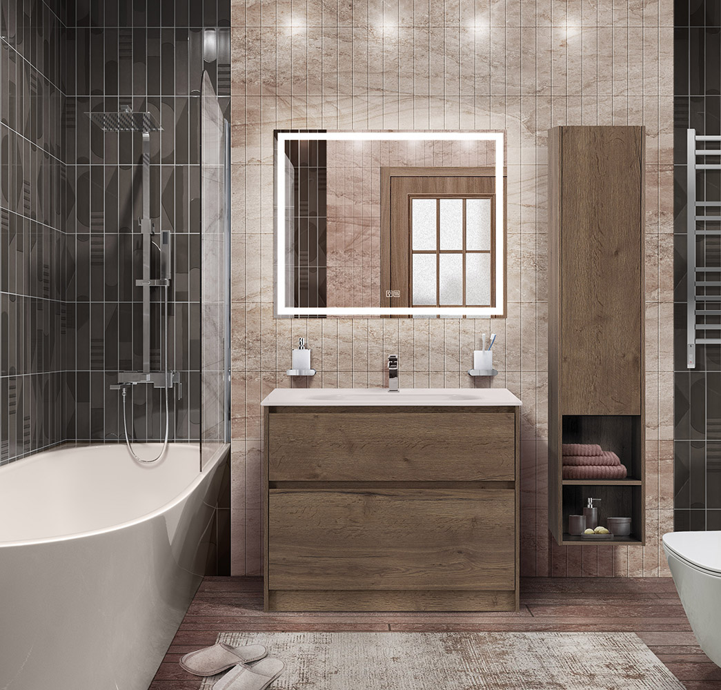Приобрести belbagno тумба с раковиной kraft 100 см, напольнаяная rovere tabacco, стеклянная матовая раковина