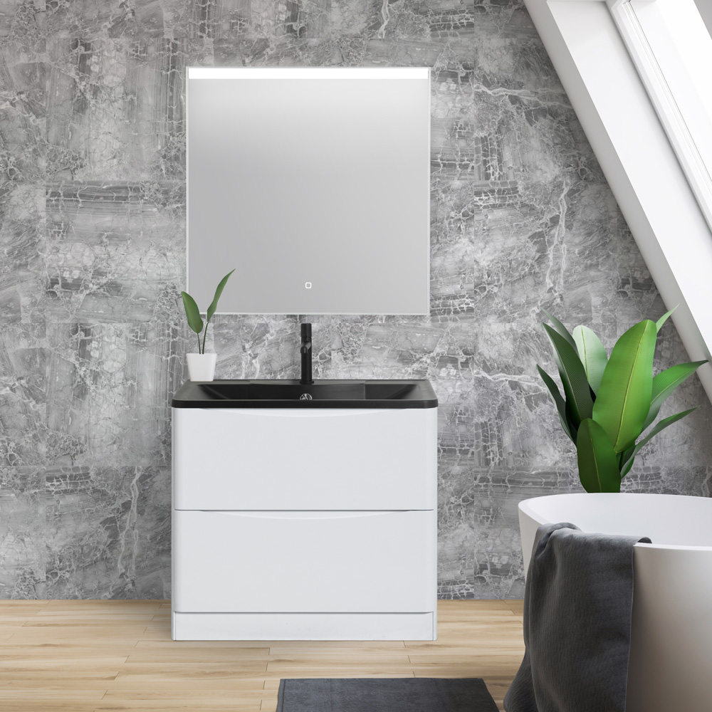 Приобрести belbagno тумба с раковиной acqua 80 см, напольная bianco lucido, чёрная раковина