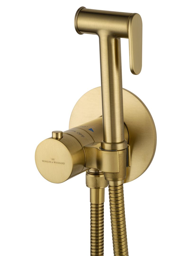 Приобрести смеситель с гигиеническим душем и термостатом встраиваемый wonzon & woghand, брашированное золото (ww-88829909-bg)