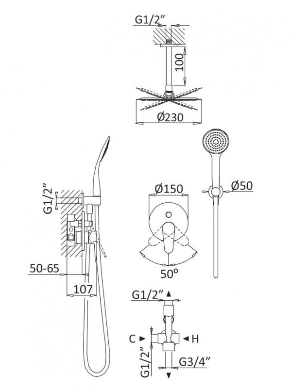Приобрести cezares душевая система с дивиатором, черный матовый czr-b-dsis-nop