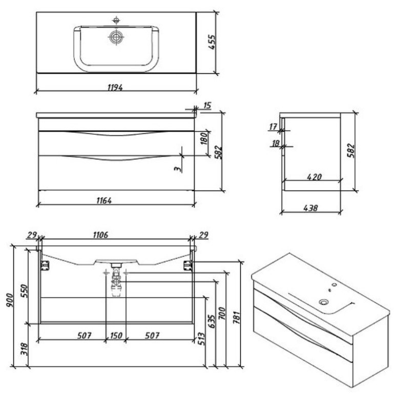 Приобрести caprigo тумба с раковиной подвесная lento 120 см, серая 36216-sf028
