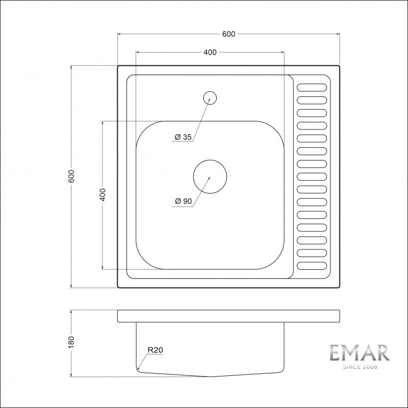 Приобрести emar кухонная мойка 60х60 см, левостороняя, хром emar t6060rq