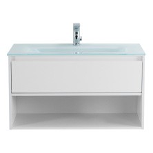 BelBagno Тумба с раковиной KRAFT 100 см, с одним ящиком и полкой, подвесная Bianco Opaco, стеклянная раковина