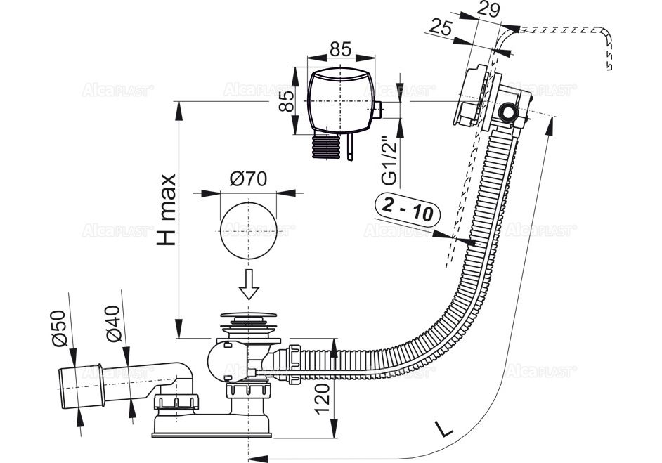 Приобрести сифон для ванны alcaplast a564crm1, пластик