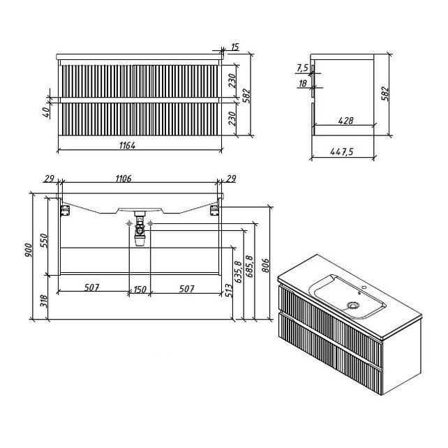 Приобрести caprigo тумба с раковиной forte-smalty stripe 120 см, светло серая, эмаль
