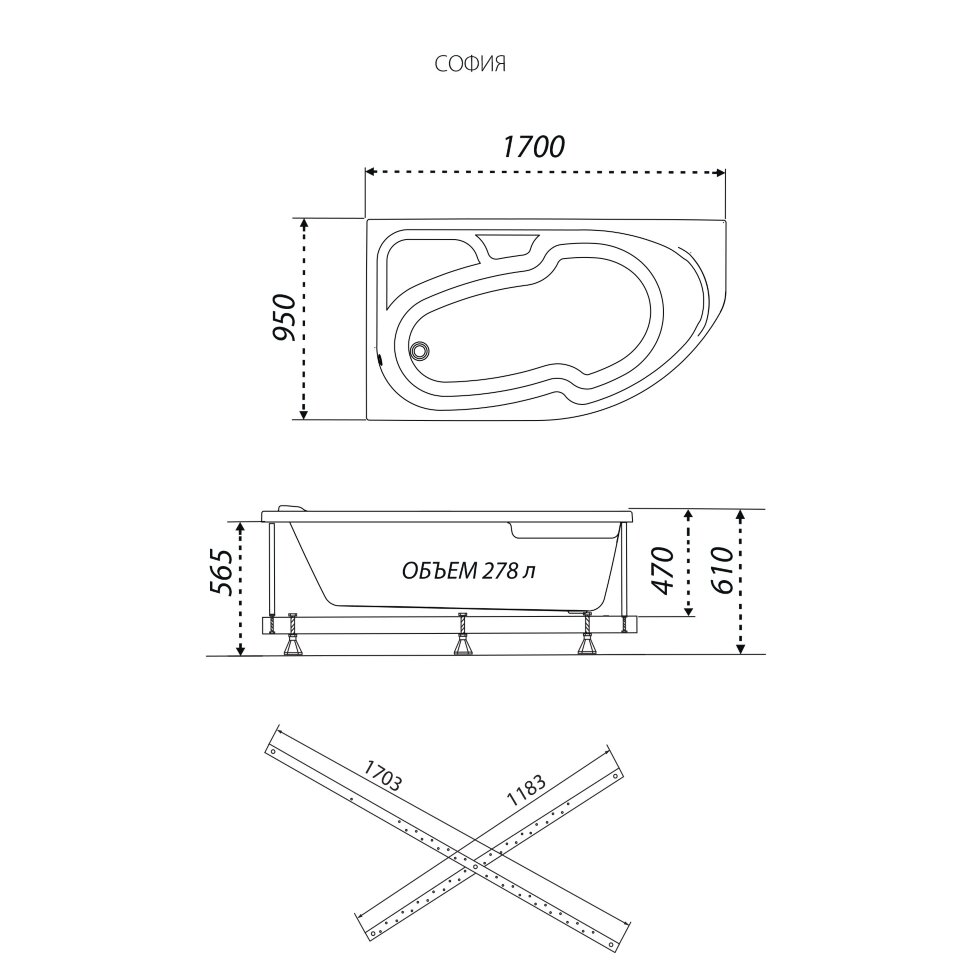 Приобрести тритон ванна акриловая софия 170х95 см, асимметричная, левая щ0000046664