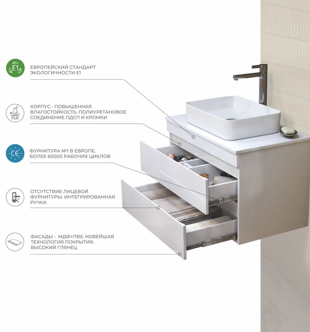 Приобрести vigo тумба со столешницей urban 60см, 2 ящика, подвесная, белая tp.urb.60.2y