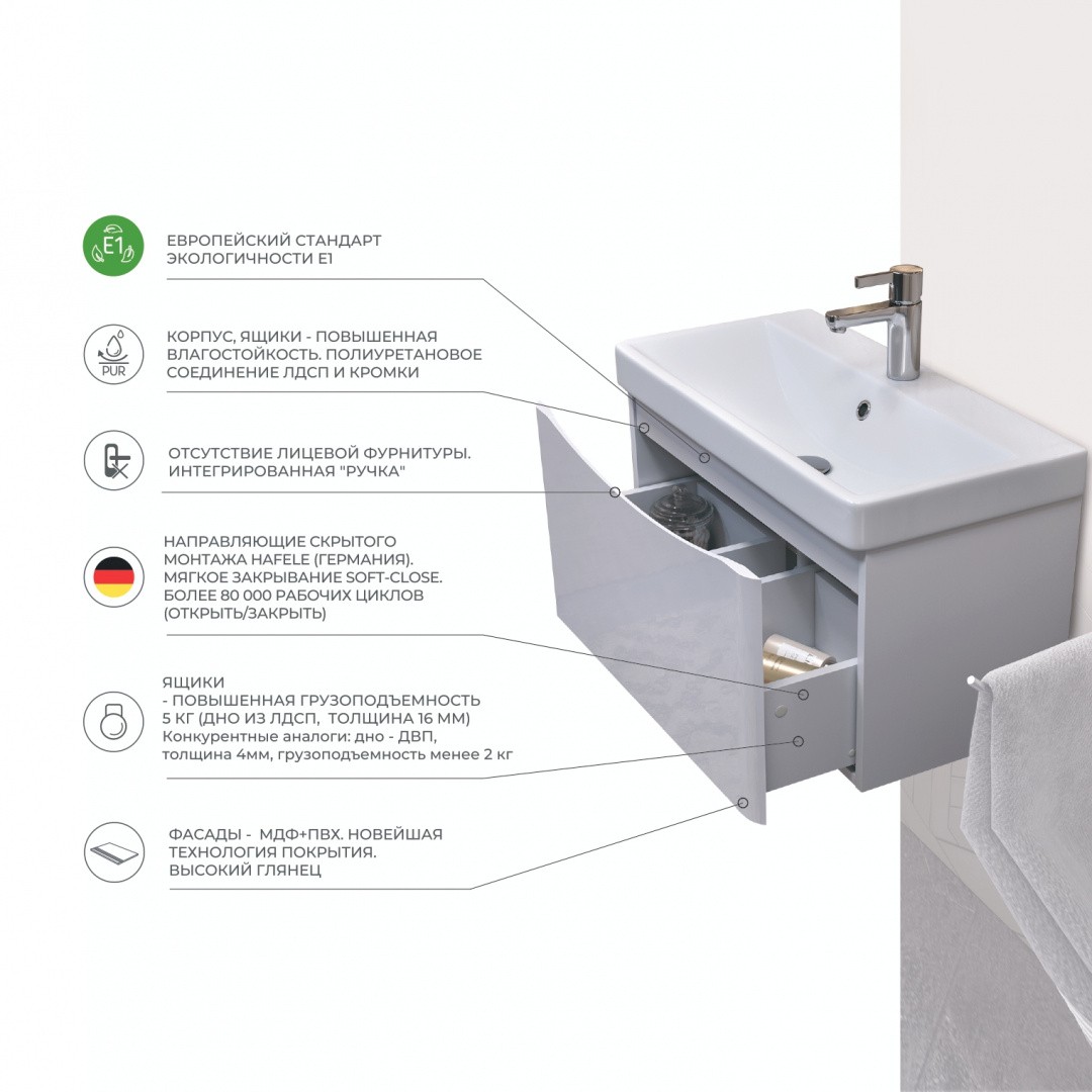 Приобрести vigo тумба с раковиной glem 70см, 1 ящик, подвесная, белая tp.gle.9595.70.1y