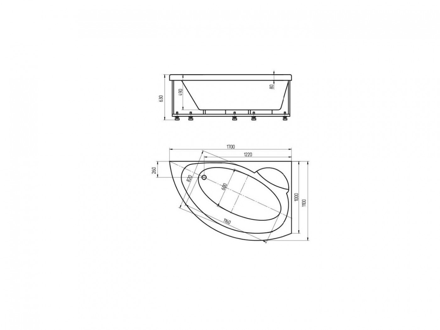Приобрести акриловая ванна асимметричная aquatek аякс 2 l 170x110 см