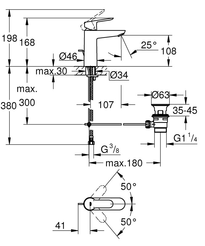 Приобрести смеситель для раковины grohe bauedge с донным клапаном, хром 23758000