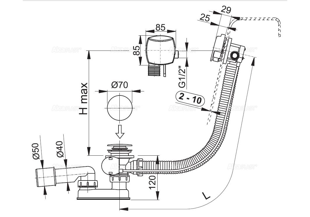 Приобрести сифон для ванны alcaplast a564km1, металл 