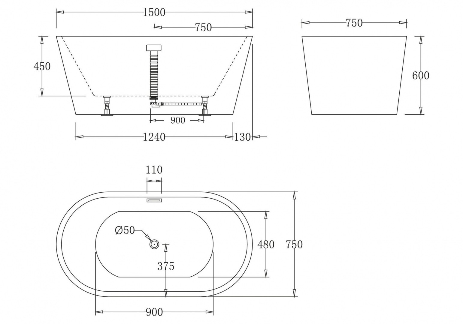 Приобрести ванна акриловая отдельностоящая belbagno 150x75 см, bb71-1500