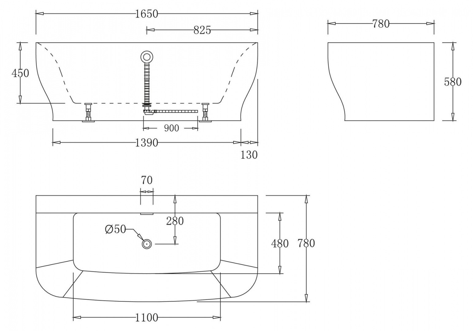 Приобрести ванна акриловая пристенная belbagno 165x78 см, bb74-1650